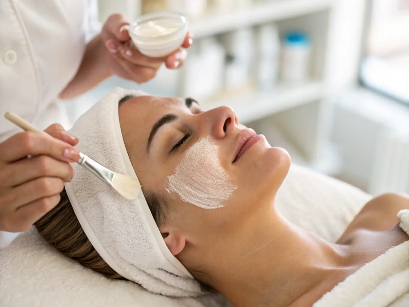 A macro shot of a collagen mask being applied to the skin, showcasing its hydrating properties and the way it adheres to the skin's surface. The skin appears plump and moisturized.